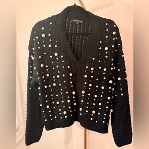 Boston Proper Black Embellished Cardigan Faux Pearl Beaded Sweater Size M